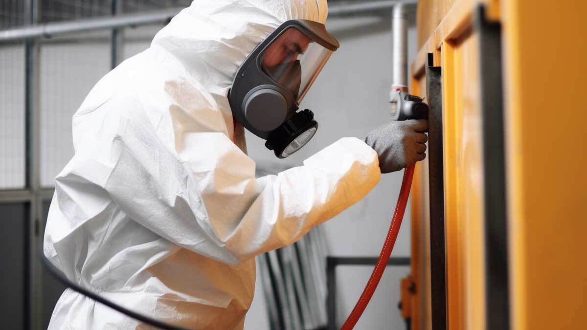 Arbeiter von Asbest-Sanierung24, der eine Schleuse betritt, die als Teil der Sicherheitsmaßnahmen während einer Asbestsanierung eingerichtet wurde